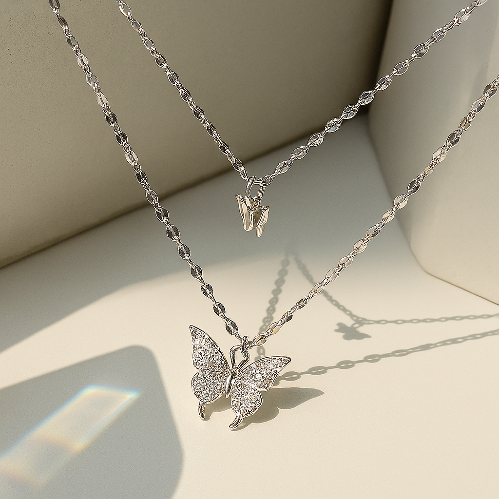 Premium White Gold Double Butterfly Necklace – Elegant & Graceful