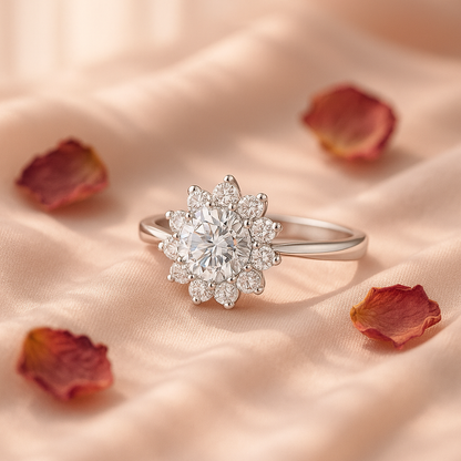 925 Silver Moissanite Flower Ring – Elegant Gift & Wedding Jewelry