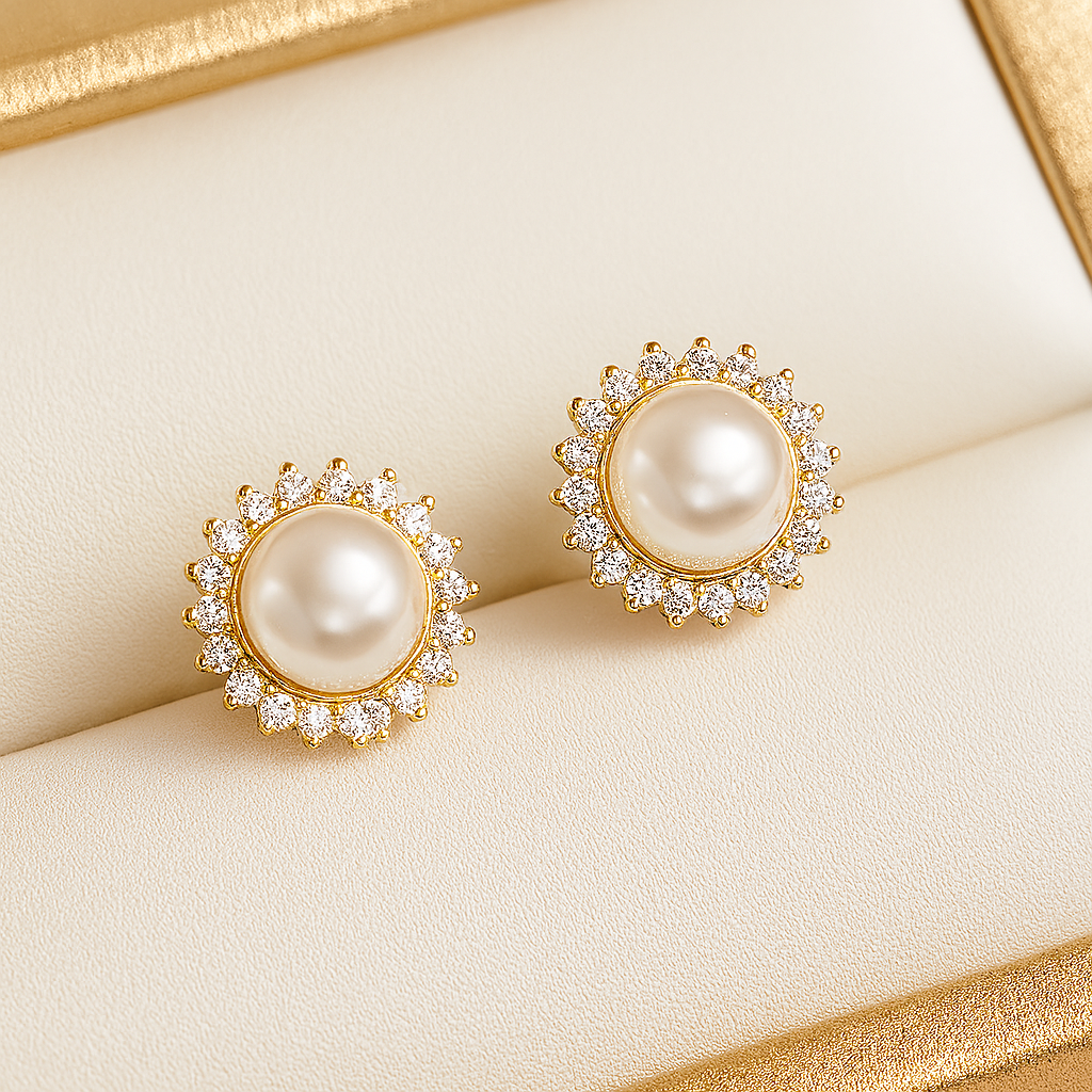 Sun Pearl Earrings – Natural 8–9mm – White Gold – Micro Inlaid