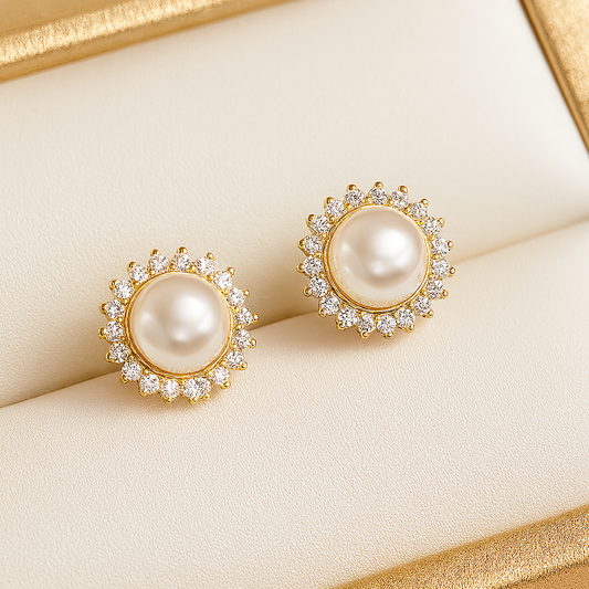 Sun Pearl Earrings – Natural 8–9mm – White Gold – Micro Inlaid