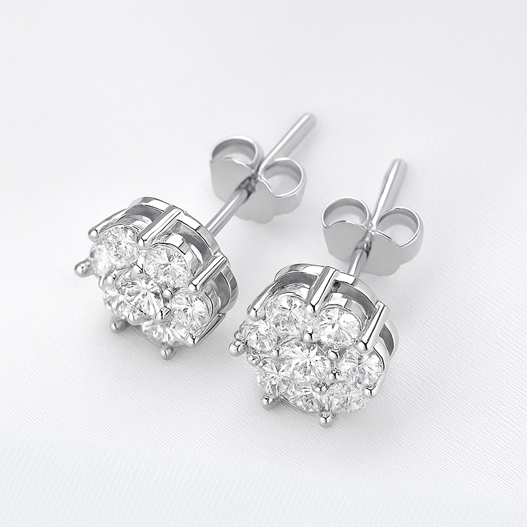 CAEVIN Moissanite Flower Studs – 7CT 5mm – White Gold – Bridal Cluster Earrings