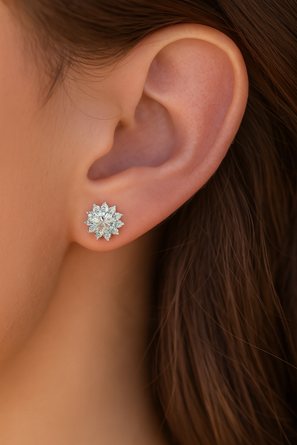 DiamondWorld Moissanite 0.5CT Studs – Sunflower Halo – White Gold