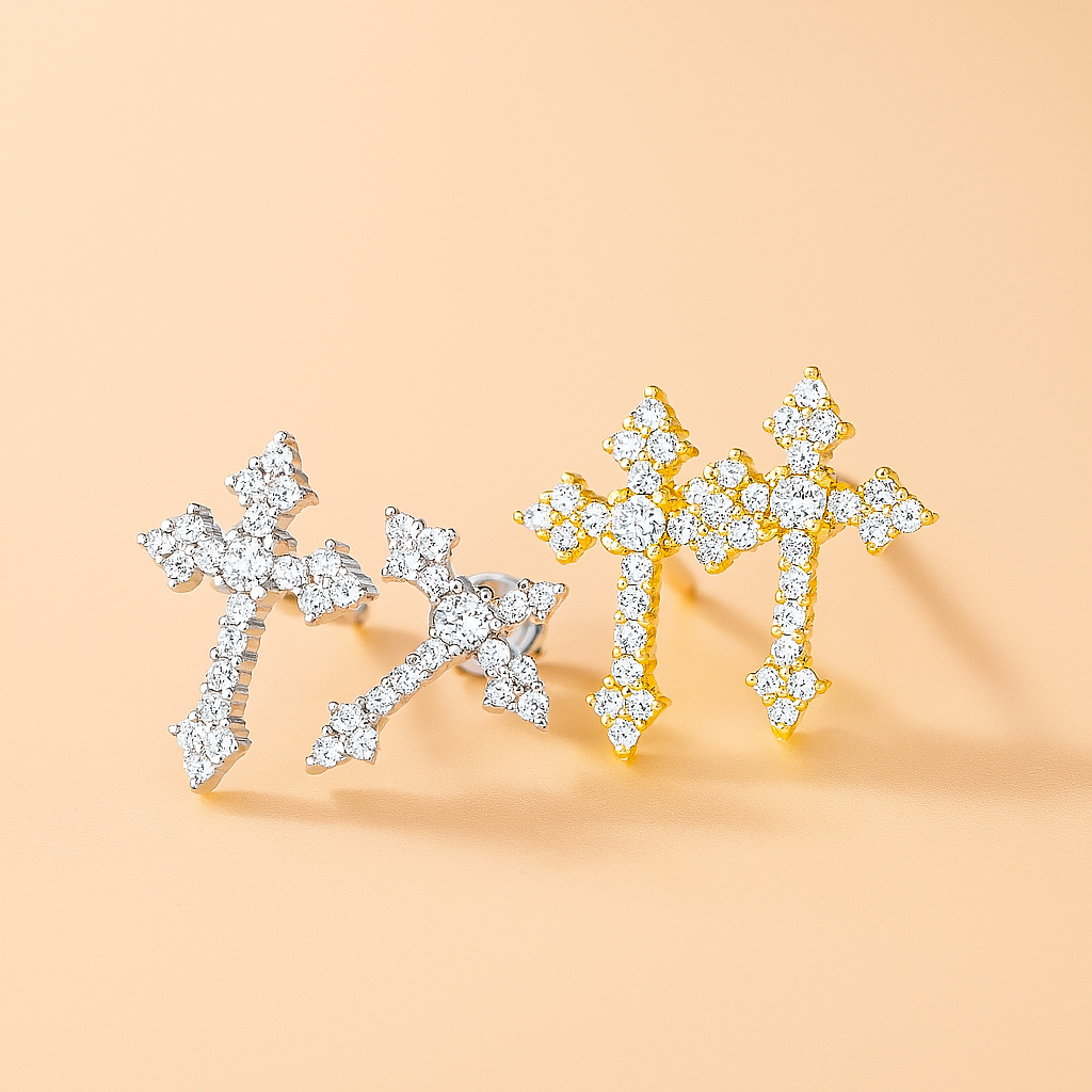 Cross Moissanite Studs – White Gold – Wedding & Party Jewelry