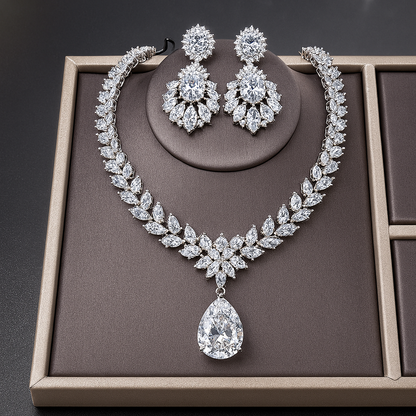 Premium White Gold Diamond-Inspired Jewelry Set – Necklace & Earrings