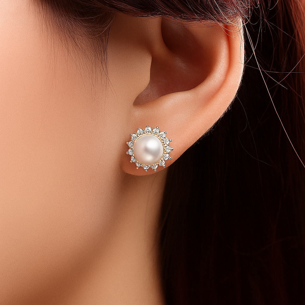 Sun Pearl Earrings – Natural 8–9mm – White Gold – Micro Inlaid