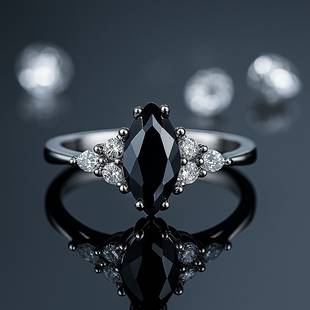 Elegant Black Agate Ring – Premium White Gold Finish, Classic Sparkle