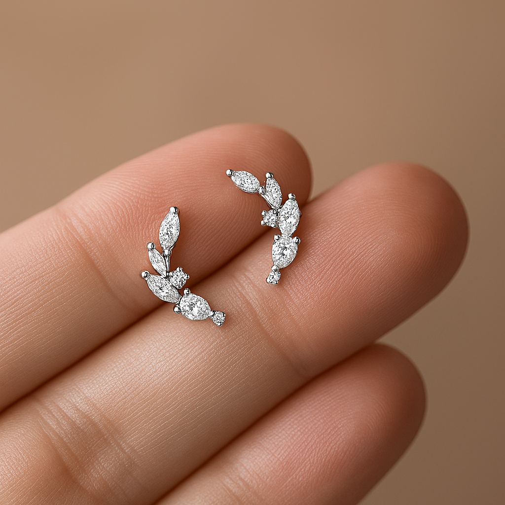 OXTAO Minimalist CZ Studs – White Gold – Elegant & Cute