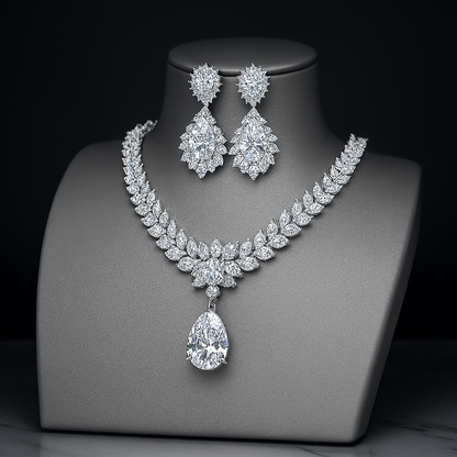 Premium White Gold Diamond-Inspired Jewelry Set – Necklace & Earrings