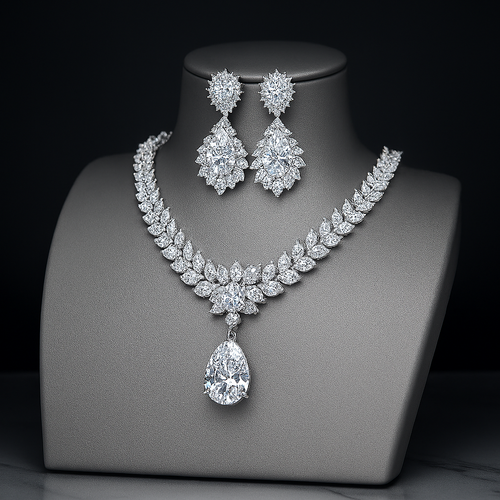 Premium White Gold Diamond-Inspired Jewelry Set – Necklace & Earrings