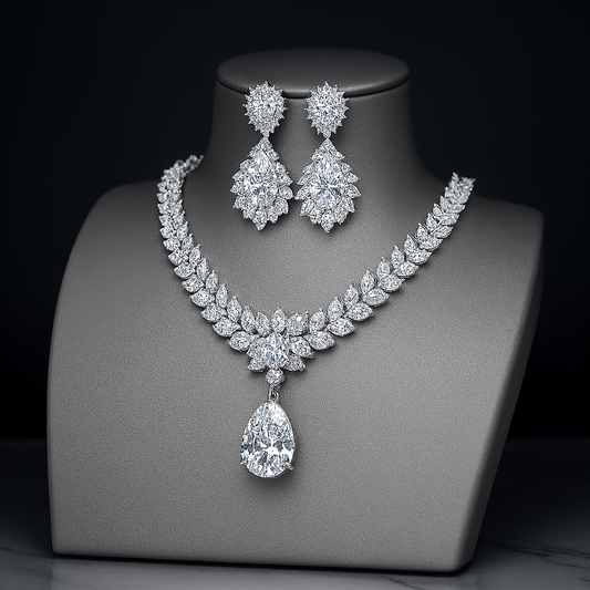 Premium White Gold Diamond-Inspired Jewelry Set – Necklace & Earrings