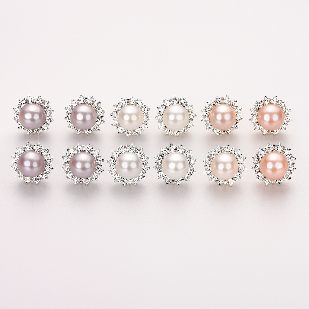 Sun Pearl Earrings – Natural 8–9mm – White Gold – Micro Inlaid