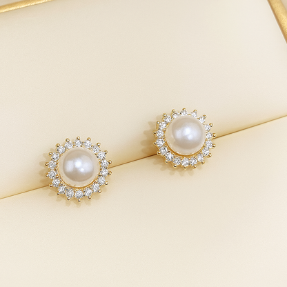 Sun Pearl Earrings – Natural 8–9mm – White Gold – Micro Inlaid