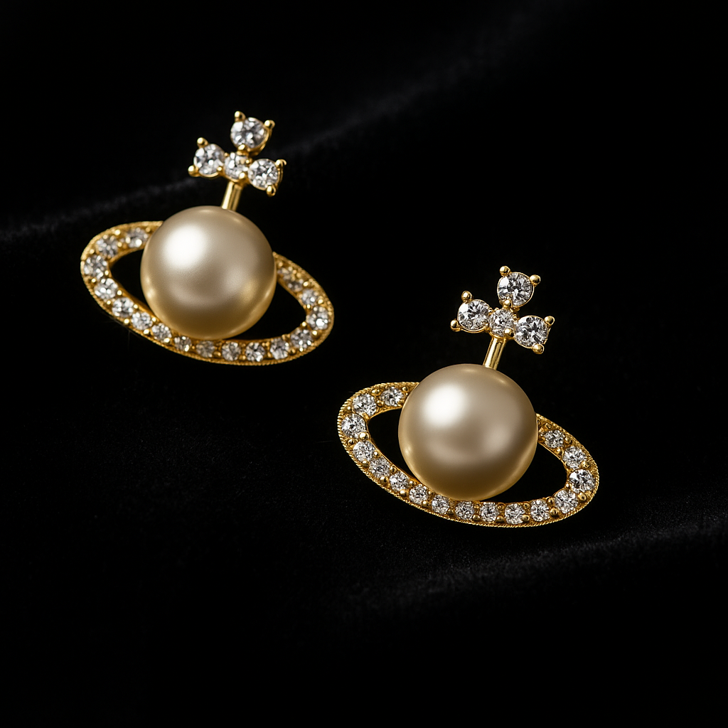 Saturn Pearl Stud Earrings – White Gold – Cute Zircon Design