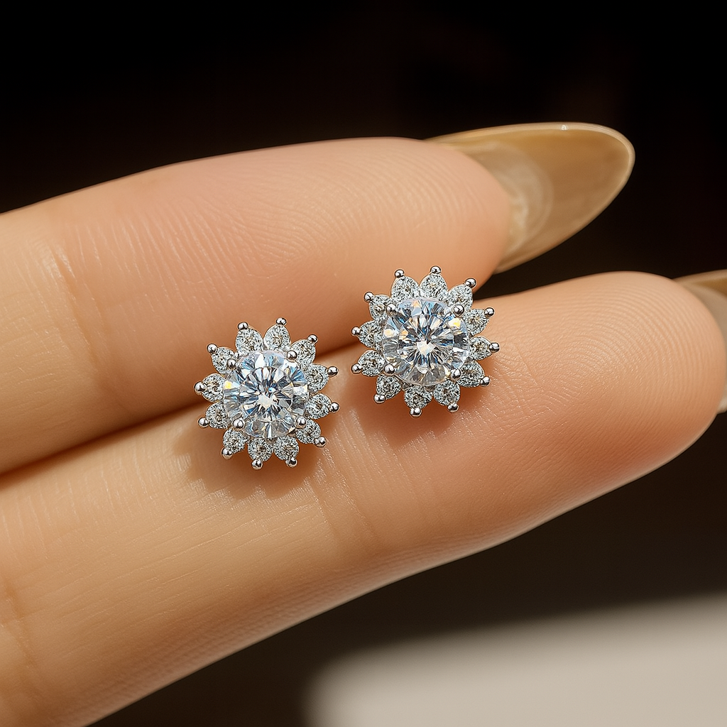 DiamondWorld Moissanite 0.5CT Studs – Sunflower Halo – White Gold