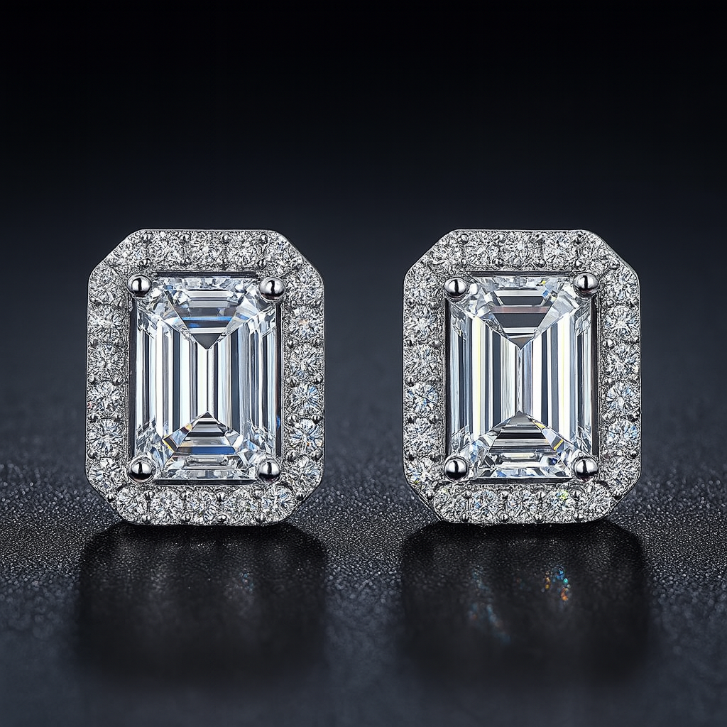 Moissanite Emerald Stud Earrings – Halo – 18K White Gold Plated