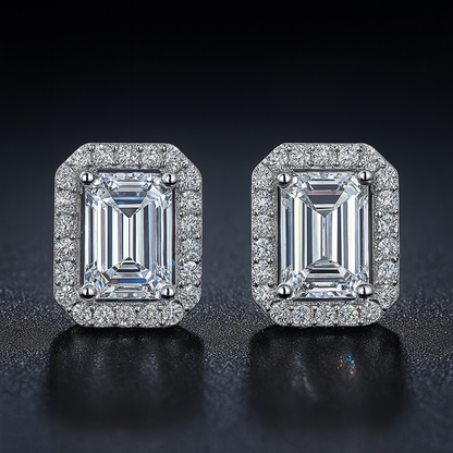 Moissanite Emerald Stud Earrings – Halo – 18K White Gold Plated