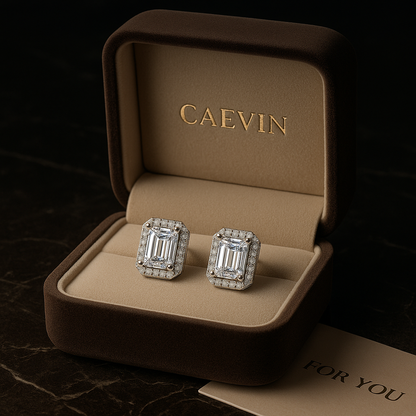 Moissanite Emerald Stud Earrings – Halo – 18K White Gold Plated
