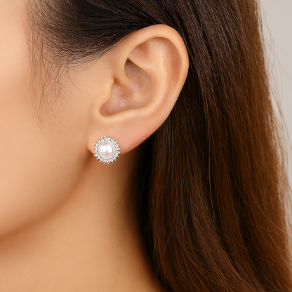 Sun Pearl Earrings – Natural 8–9mm – White Gold – Micro Inlaid