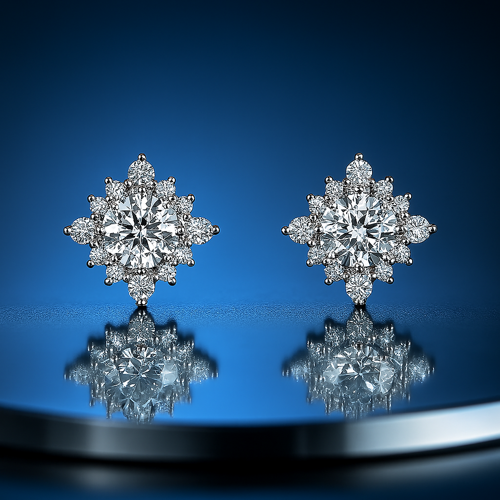 Snowflake Moissanite Studs – 18K White Gold – Pass Diamond Test
