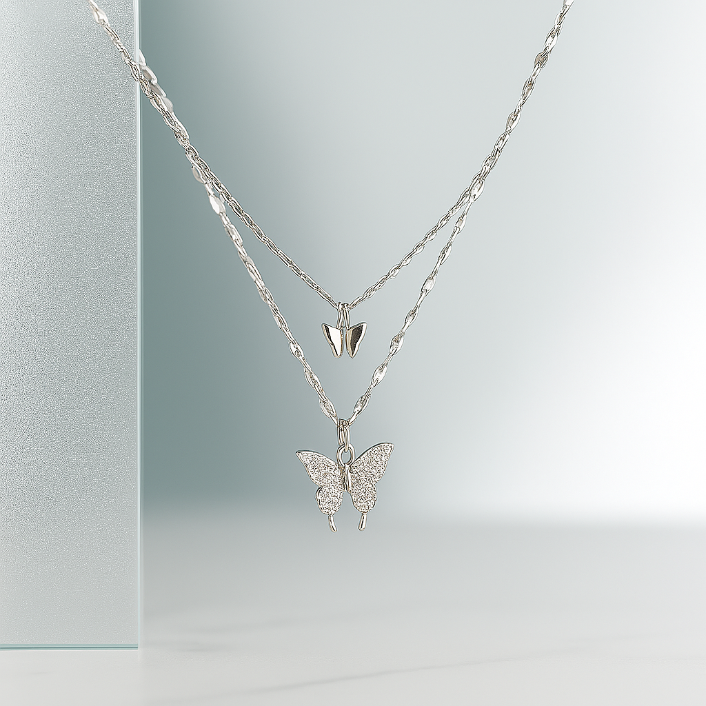 Premium White Gold Double Butterfly Necklace – Elegant & Graceful