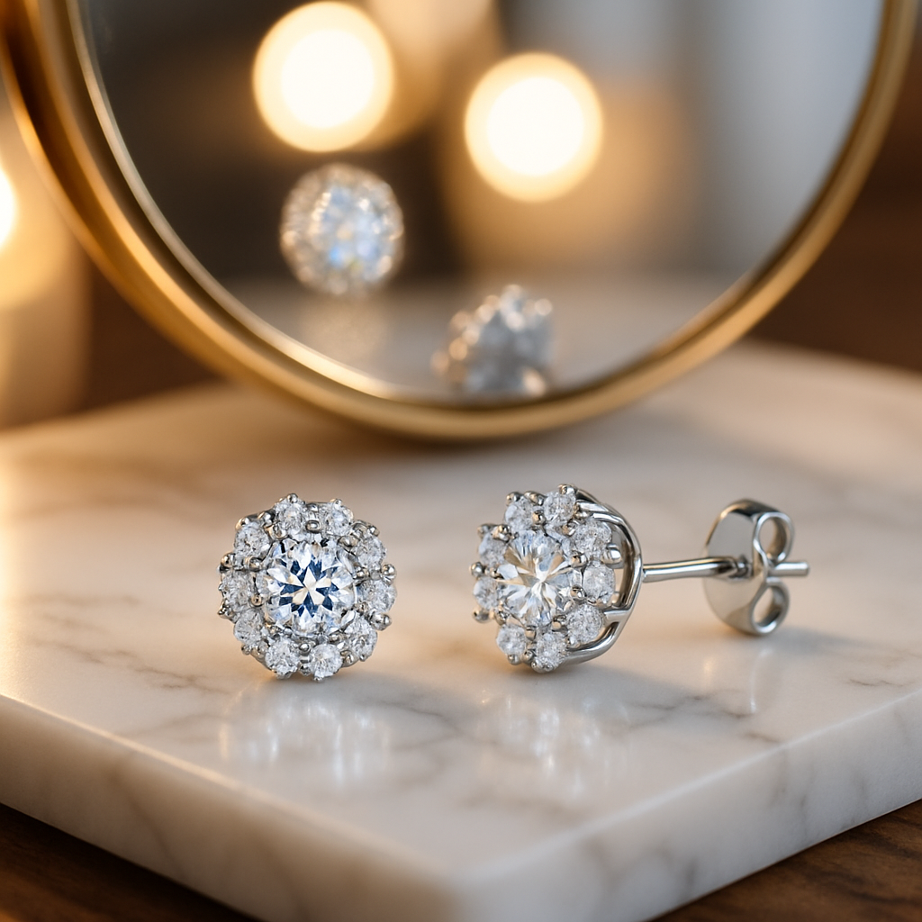 DiamondWorld Moissanite 0.5CT Studs – Sunflower Halo – White Gold