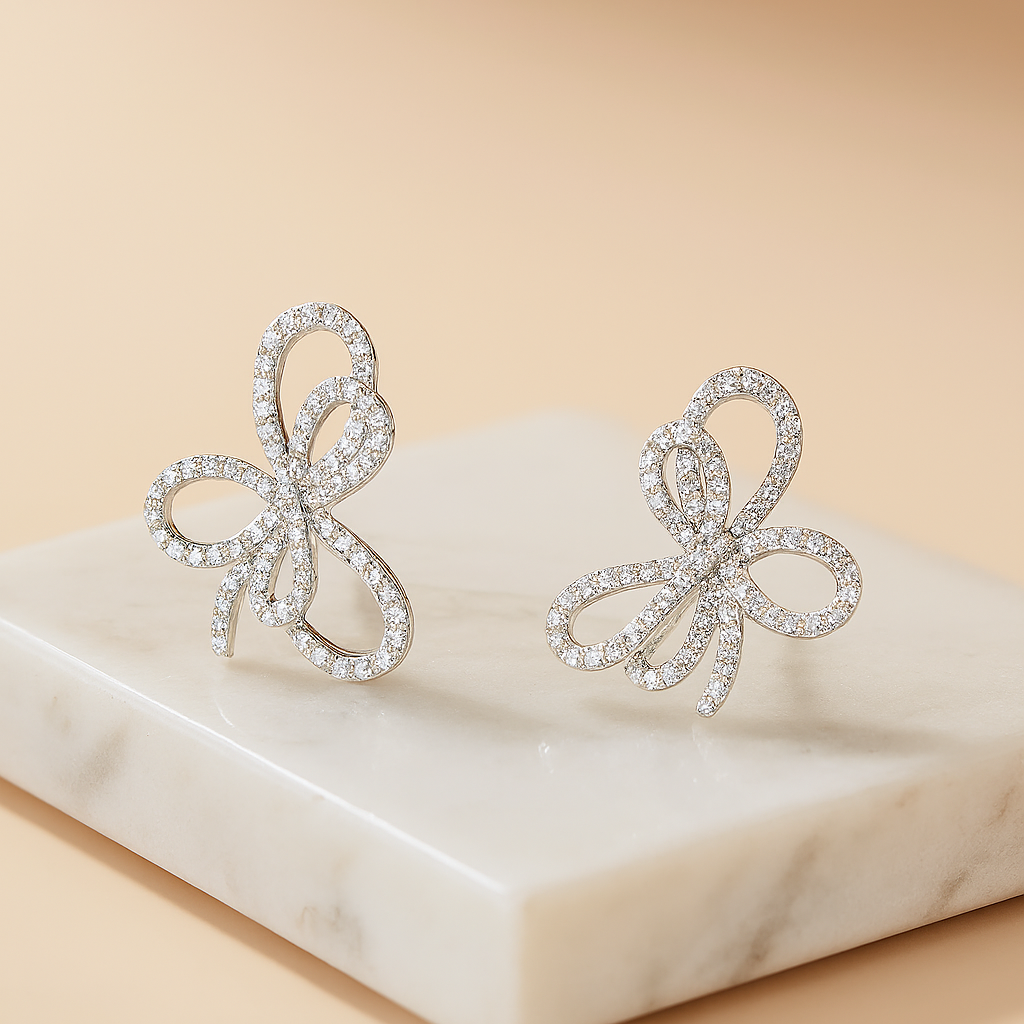 Moissanite Bow Stud Earrings – White Gold – Romantic Engagement