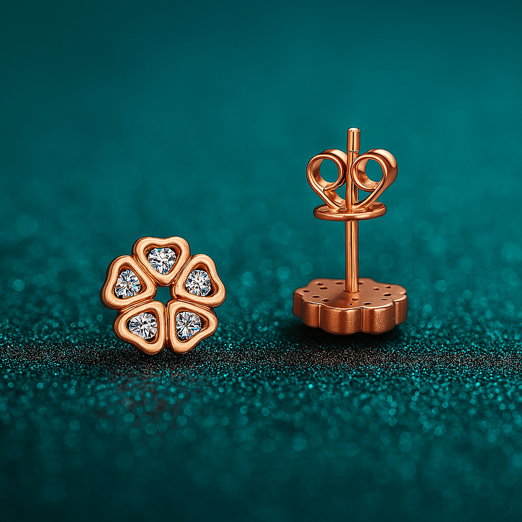 Moissanite Flower Studs – 0.25CT – 18K Rose Gold – Bridal Gift