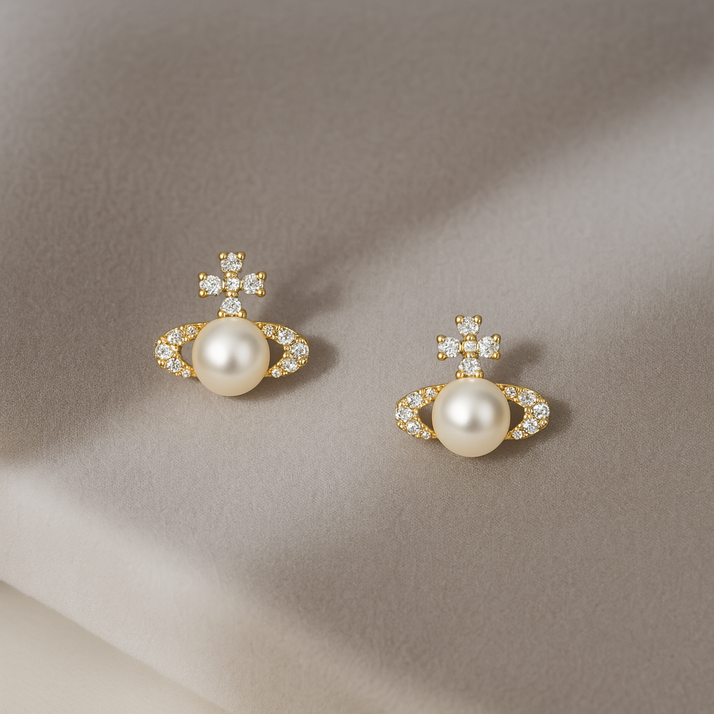 Saturn Pearl Stud Earrings – White Gold – Cute Zircon Design