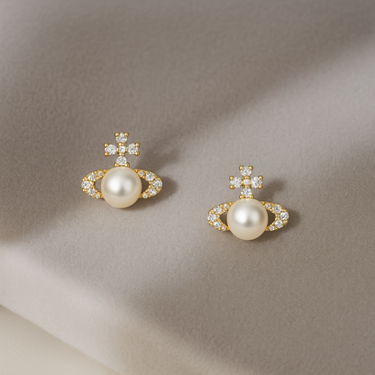 Saturn Pearl Stud Earrings – White Gold – Cute Zircon Design