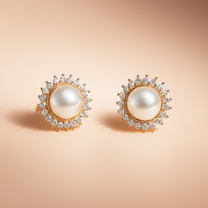 Sun Pearl Earrings – Natural 8–9mm – White Gold – Micro Inlaid
