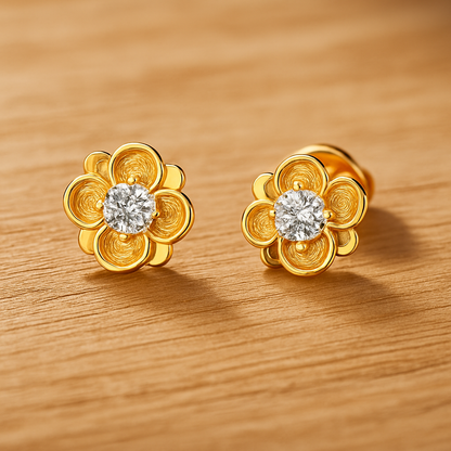 Kuololit Diamond Studs – Round Flower – Solid Gold – Wedding Fine Jewelry