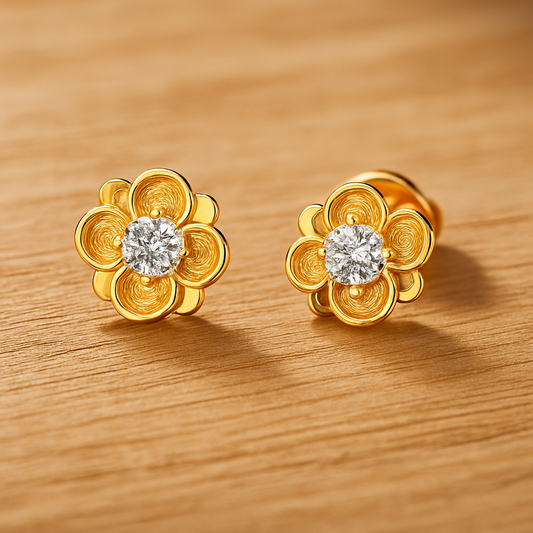 Kuololit Diamond Studs – Round Flower – Solid Gold – Wedding Fine Jewelry