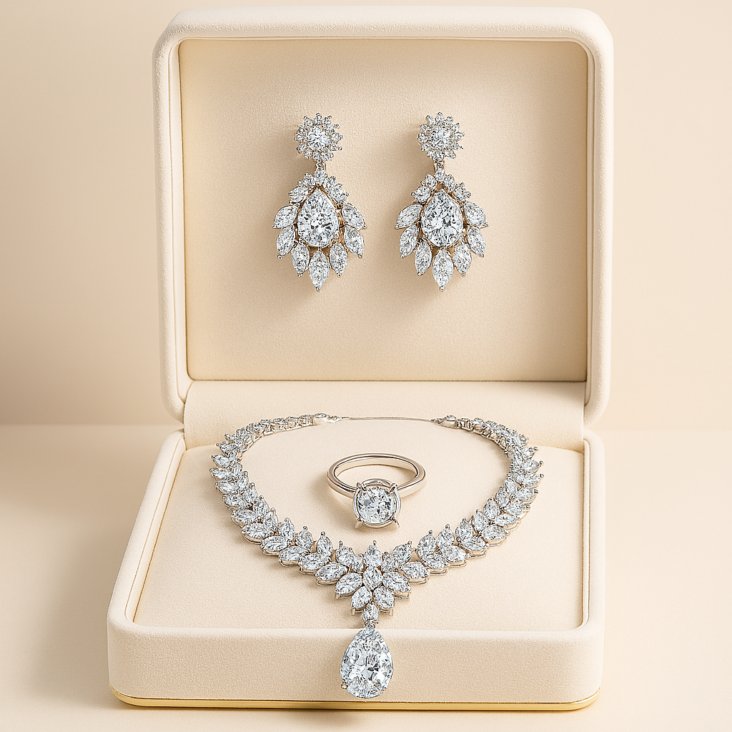 Premium White Gold Diamond-Inspired Jewelry Set – Necklace & Earrings