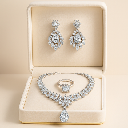 Premium White Gold Diamond-Inspired Jewelry Set – Necklace & Earrings