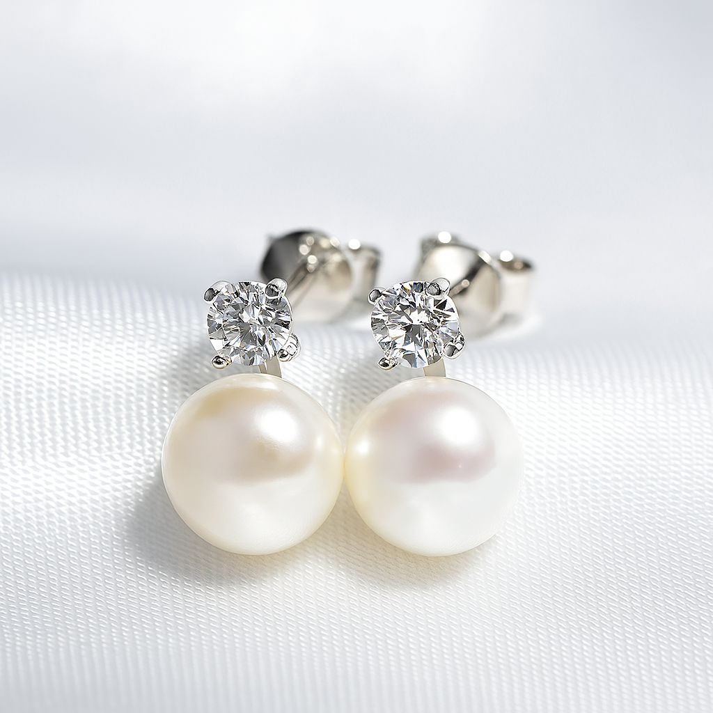 Pearl Drop Earrings – Moissanite Accent – FEOBUR – White Gold