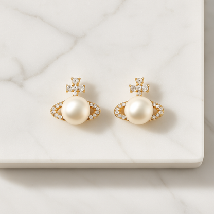 Saturn Pearl Stud Earrings – White Gold – Cute Zircon Design