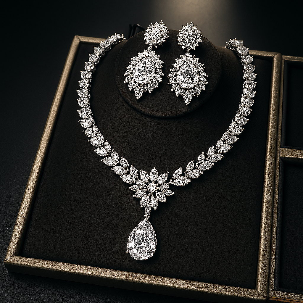 Premium White Gold Diamond-Inspired Jewelry Set – Necklace & Earrings