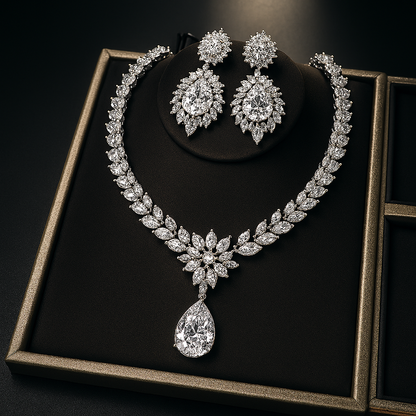 Premium White Gold Diamond-Inspired Jewelry Set – Necklace & Earrings