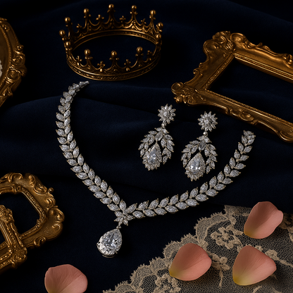 Premium White Gold Diamond-Inspired Jewelry Set – Necklace & Earrings