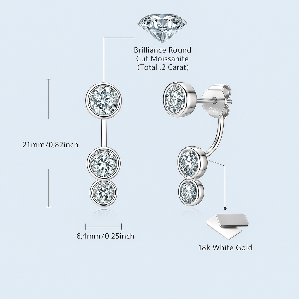 Moissanite Ear Jacket Studs – 5/4/3.5mm – White Gold – 2024 Design