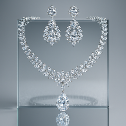 Premium White Gold Diamond-Inspired Jewelry Set – Necklace & Earrings