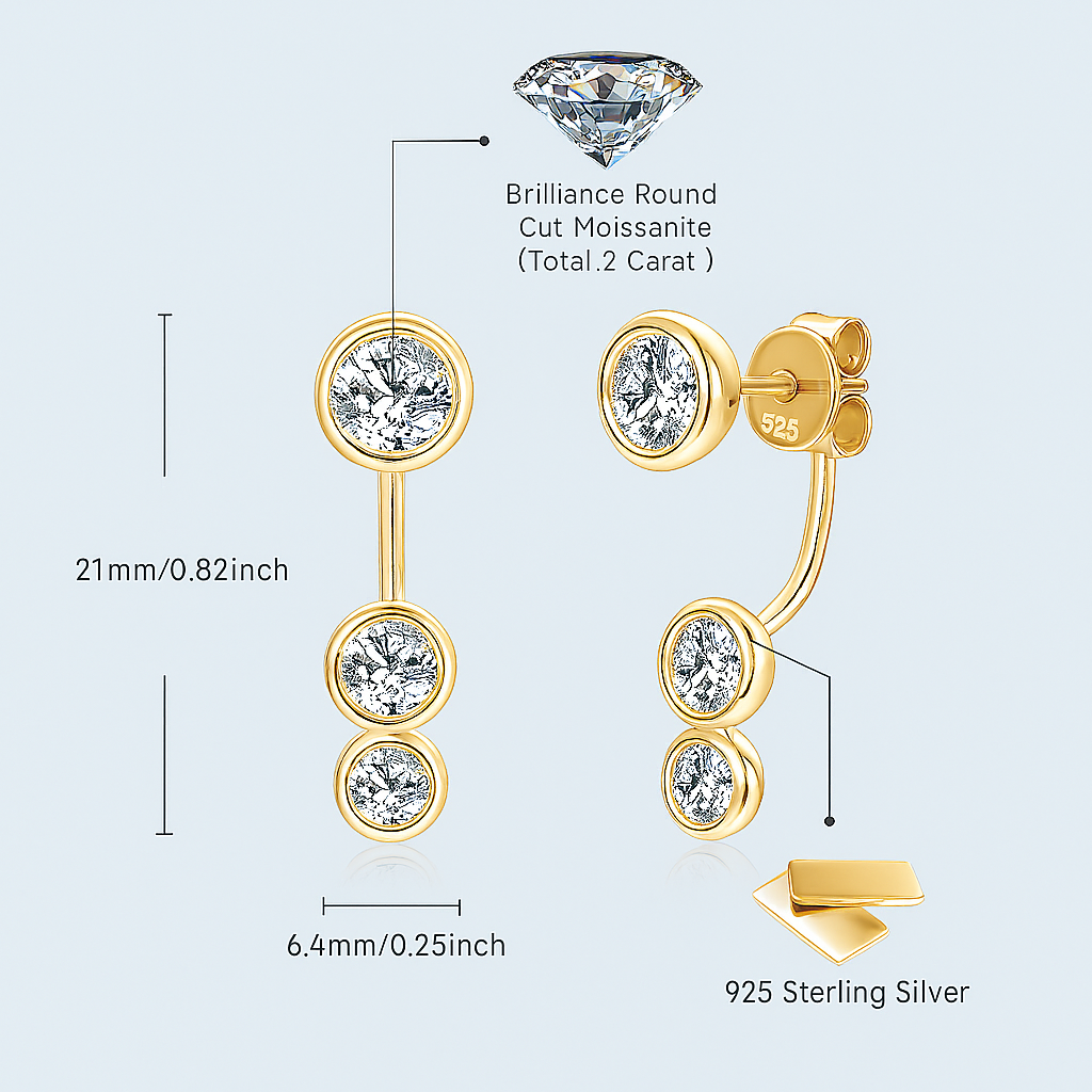 Moissanite Ear Jacket Studs – 5/4/3.5mm – White Gold – 2024 Design