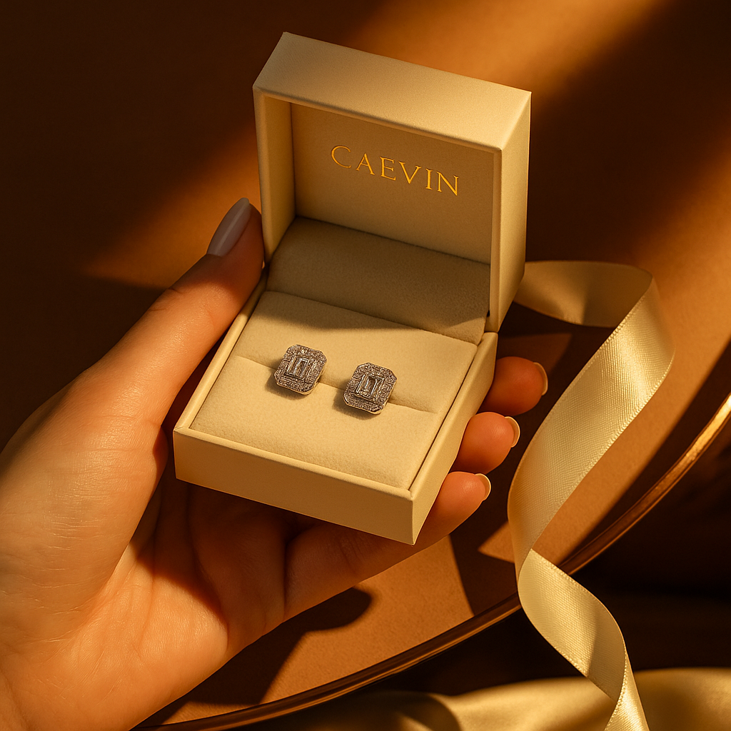 Moissanite Emerald Stud Earrings – Halo – 18K White Gold Plated