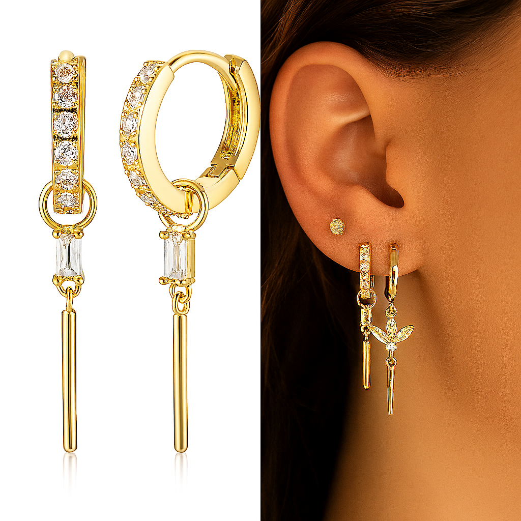White Gold Hoop Earrings – Full Zircon – Rectangle Drop – Luxury Gift