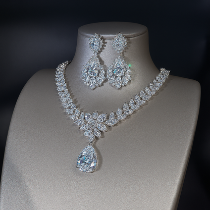 Premium White Gold Diamond-Inspired Jewelry Set – Necklace & Earrings