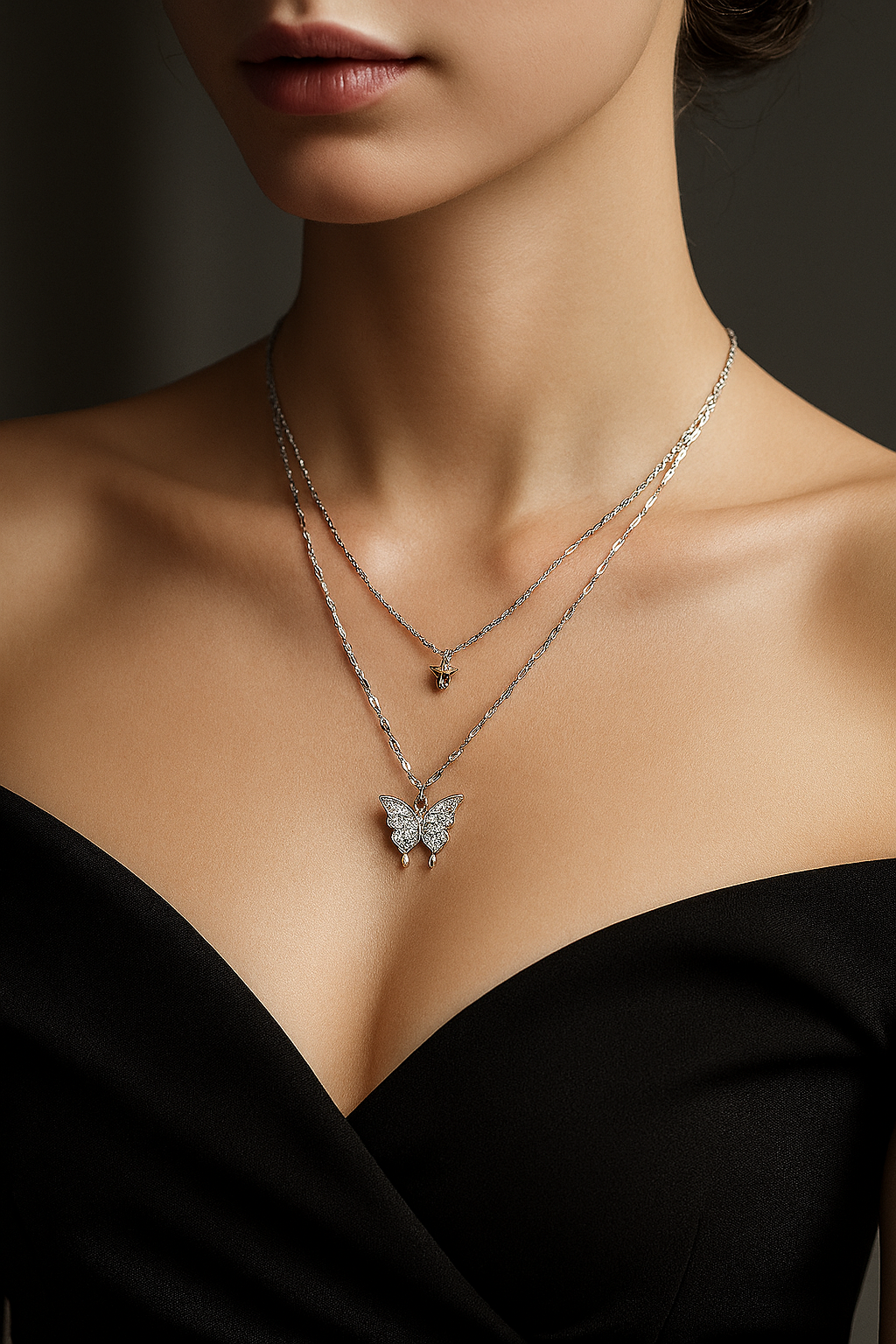 Premium White Gold Double Butterfly Necklace – Elegant & Graceful