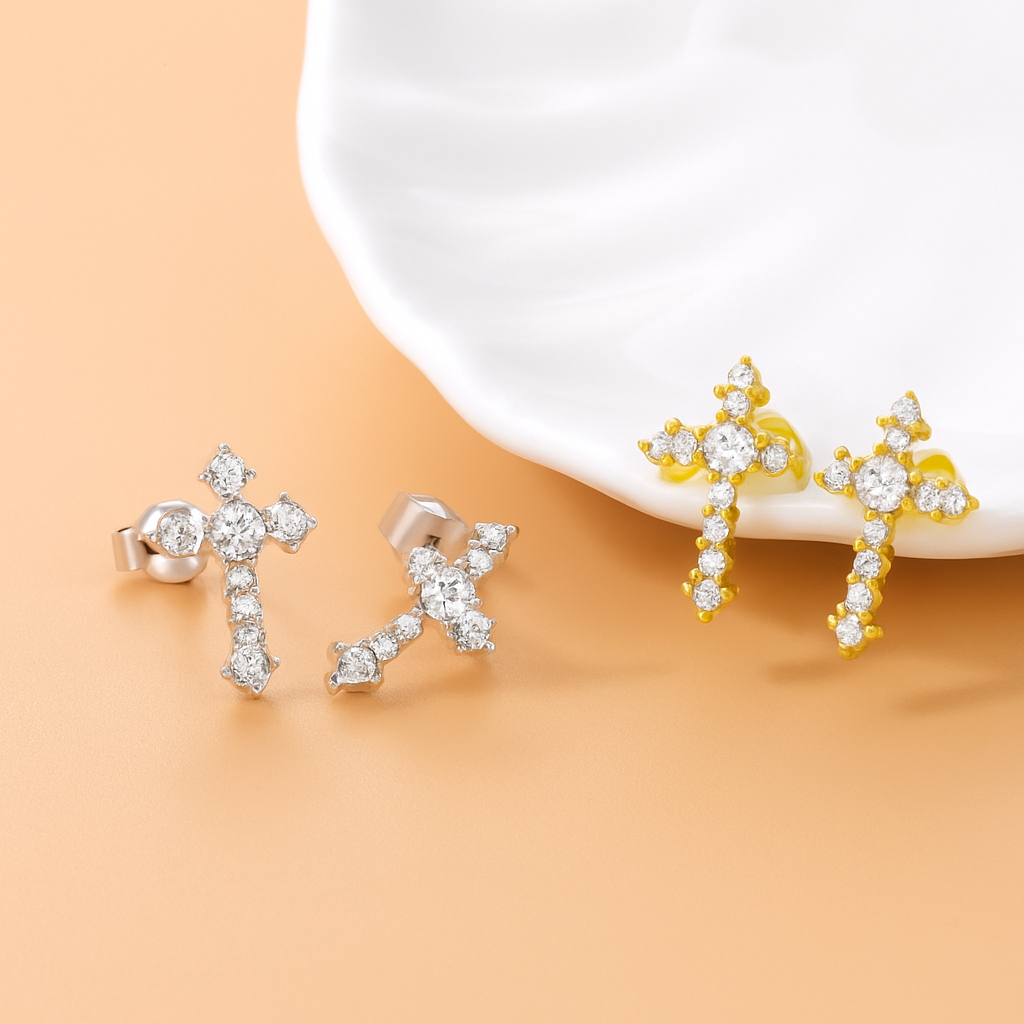 Cross Moissanite Studs – White Gold – Wedding & Party Jewelry