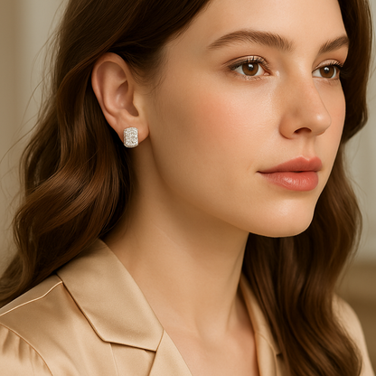 Moissanite Emerald Stud Earrings – Halo – 18K White Gold Plated