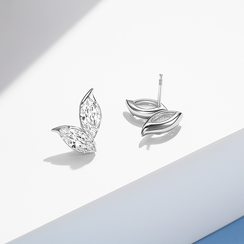 Marquise Cut Moissanite Studs – 2-Leaf Design – 4CT – White Gold