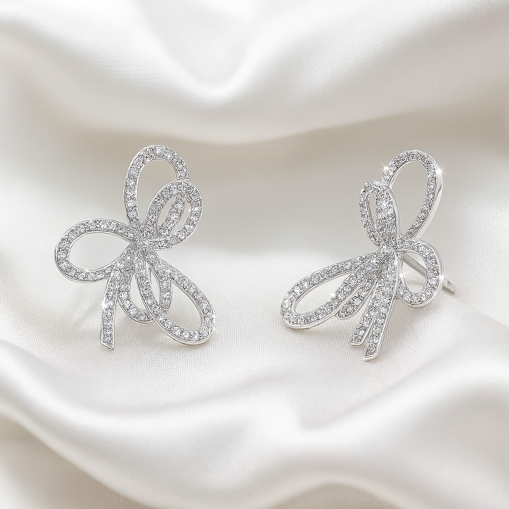 Moissanite Bow Stud Earrings – White Gold – Romantic Engagement